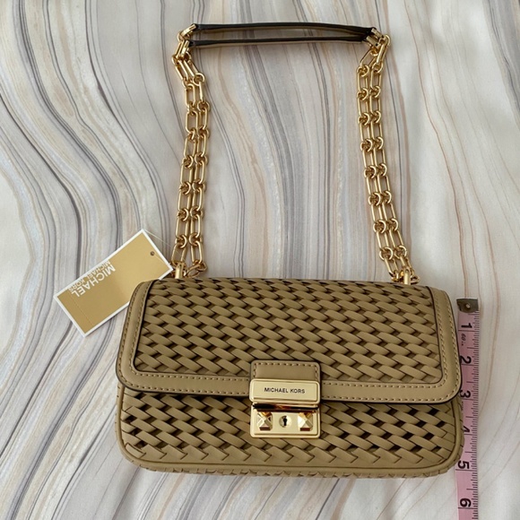 NEW! Michael Kors Tribeca Small Hand-Woven Leather Shoulder Bag Camel $398 - Picture 13 of 15